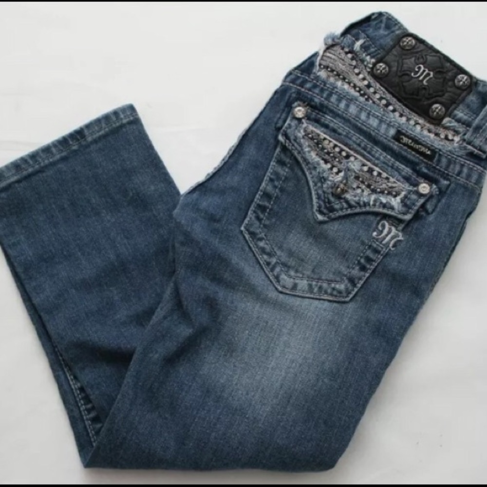 Miss Me Distressed Embellished Denim Capris Style